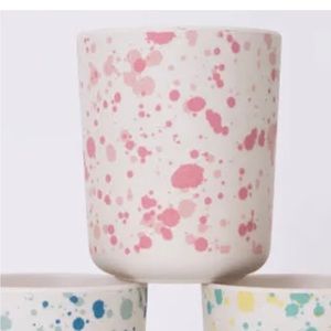 Meri Meri Two (2) speckled bamboo pink cups 7.5 ounces reusable kids par…